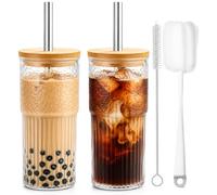 ALINK Lot de 2 Gobelets en Verre Rayé Transparent de 600 ml Avec Couvercle - Verres à Eau, Tasses à Café Glacé et Thé à Bulles