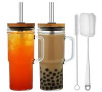 ALINK Lot de 2 gobelets Mason Jar de 710 ml avec poignée, couvercle et paille - Verres Mason Jar réutilisables pour café glacé, smoothies, bière, jus et thé - Avec 2 brosses