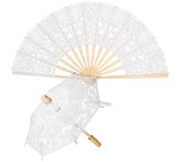 Alipis 1ensemble Parasol Dentelle Blanche avec Éventail Accessoire De Mariage Élégant pour Photographie Et Décoration Vintage Set