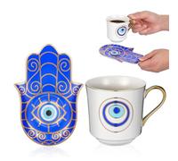 Alipis Ensemble Tasse à Café en Céramique 240 Ml avec Motif Œil Protecteur Soucoupe Assortie Bleu Compatible Micro-Ondes et Lave-Vaisselle pour Maison et Bureau Style Rétro