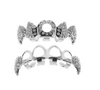 Alipis Grillz Dentaires en Cuivre Argenté Orné de Cristaux, Style Dents de Vampire, Compatibles Différentes Formes de Dents, Installation Facile pour Halloween et Événements à Thème