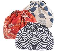 Alipis Lot de 3 Pochettes à Lunch à Cordon Style Japonerie, Bento Multifonction en Tissu, Format Compact, Motifs Bodhi Bleu Feuille, Vague Rouge et Motif Ondulé Bleu, Accessoire Pratique