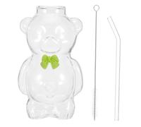 Alipis Tasse en Verre Ours 320ml Vert, Adorable, avec Paille | Verre Transparent, Prise en Main Facile, Nettoyage Simple, pour Restaurant et Fête de Thanksgiving, avec Brosse