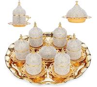 Alisveristime Service à café turc orné de cristaux - 27 pièces - Tasses à expresso décoratives en zamac, soucoupes et sucrier avec plateau - Disponible en trois couleurs (doré)