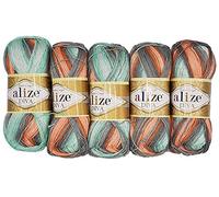 Alize Diva Batik 5 x 100 g de laine multicolore avec dégradé de couleur, 500 g de laine mercerisée en microfibre acrylique (saumon gris menthe 5550)