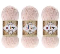 Alize Diva Fil à tricoter à la main 100% microfibre acrylique Alize Diva Fil à tricoter en dentelle Artisanat Lot de 3 écheveaux 300 gr Couleur 1314yds 382 - Poudre.