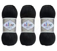 Alize Diva Fil à tricoter à la main 100% microfibre acrylique Alize Diva Fil à tricoter en dentelle Artisanat Lot de 3 écheveaux 300 gr Couleur 1314yds 60 - Noir.