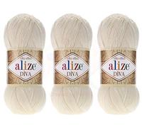 Alize Diva Fil à tricoter à la main 100% microfibre acrylique Alize Diva Fil à tricoter en dentelle Artisanat Lot de 3 écheveaux 300 gr Couleur 1314yds 62 - Crème légère.