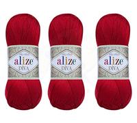 Alize Diva Fil à tricoter à la main 100% microfibre acrylique Alize Diva Fil à tricoter en dentelle Artisanat Lot de 3 écheveaux 300 gr Couleur 1314yds 106 - Rouge
