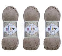 Alize Diva Fil à tricoter à la main 100% microfibre acrylique Alize Diva Fil à tricoter en dentelle Artisanat Lot de 3 écheveaux 300 gr Couleur 1314yds 167 - Beige