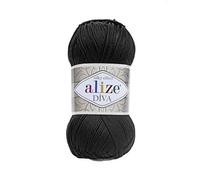 Alize Diva Lot de 2 écheveaux de fil 100 % microfibre acrylique effet soyeux pour crochet et dentelle 100 g 350 m Noir