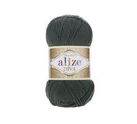 Alize Diva Lot de 2 écheveaux de fil 100 % microfibre acrylique effet soyeux pour crochet et dentelle 100 g 350 m - 131 kaki