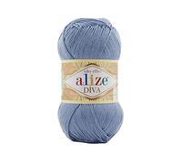 Alize Diva Lot de 2 écheveaux de fil 100 % microfibre acrylique effet soyeux pour crochet et dentelle 100 g 350 m - 303 denim clair