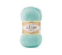 Alize Diva Lot de 2 écheveaux de fil 100 % microfibre acrylique effet soyeux pour crochet et dentelle 100 g 350 m Turquoise clair 669