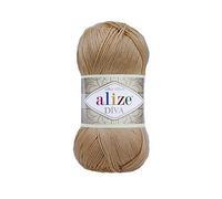 Alize Diva Lot de 2 écheveaux de fil 100 % microfibre acrylique effet soyeux pour crochet et dentelle 100 g 350 m Caramel 369