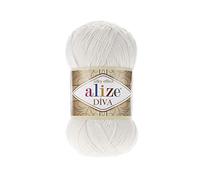Alize Diva Lot de 2 écheveaux de fil 100 % microfibre acrylique effet soyeux pour crochet et dentelle 100 g 350 m - 450 perles