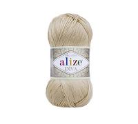 Alize Diva Lot de 2 écheveaux de fil 100 % microfibre acrylique effet soyeux pour crochet et dentelle 100 g 350 m Camel 368