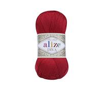 Alize Diva Lot de 2 écheveaux de fil 100 % microfibre acrylique effet soyeux pour crochet et dentelle 100 g 350 m Rouge 106