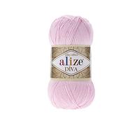 Alize Diva Lot de 2 écheveaux de fil 100 % microfibre acrylique effet soyeux pour crochet et loisirs créatifs, 100 g, 350 m, rose layette 185