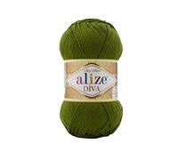 Alize Diva Lot de 2 écheveaux de fil 100 % microfibre acrylique effet soyeux pour crochet et loisirs créatifs, 100 g, 350 m, olive 233