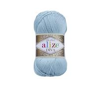Alize Diva Lot de 2 écheveaux de fil 100 % microfibre acrylique effet soyeux pour crochet et loisirs créatifs, 100 g, 350 m, bleu ciel 346