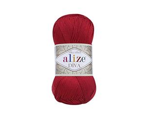 Alize Diva - Lot de 2 pelotes de fil à crochet effet soyeux 100 % microfibre acrylique, dentelle artistique, chaque pelote 100g 350m - 106 rouge
