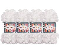 Alize Puffy Fine Baby Blanket Small Loop 100 % micropolyester Fil doux Lot de 4 skn 400 g 60 m (55 - Blanc)
