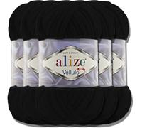 Alize Velluto - Lot de 5 pelotes de laine turque - 100 g chacune - Super Bulky - Pelote XXL - Pour Amigurumi - Douce - Laine bébé, pour crochet et tricot (Noir - 60)