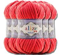 Alize Velluto - Lot de 5 pelotes de laine turque de 100 g chacune - Super Bulky - Pelote XXL - Pour Amigurumi - Douce - Laine bébé, pour crochet et tricot (Rouge - 56)