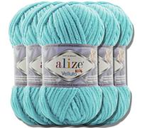 Alize Velluto - Lot de 5 pelotes de laine turque de 100 g chacune - Super Bulky - Pelote XXL - Pour Amigurumi - Douce - Laine bébé, pour crochet et tricot (Cyan - 490)