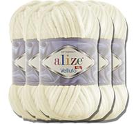 Alize Velluto - Lot de 5 pelotes de laine turque de 100 g chacune - Super Bulky - Pelote XXL pour Amigurumi - Douce - Laine bébé, pour crochet et tricot (Crème légère - 62)