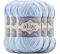 Alize Velluto - Lot de 5 pelotes de laine turque de 100 g chacune - Super Bulky - Pelote XXL pour Amigurumi - Douce - Laine bébé, pour crochet et tricot (Bleu bébé - 218)