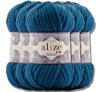 Alize Velluto - Lot de 5 pelotes de laine turque de 100 g chacune - Super Bulky - Pelote XXL pour Amigurumi - Douce - Laine bébé, pour crochet et tricot (Bleu Mykonos - 646)