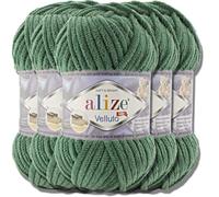 Alize Velluto - Lot de 5 pelotes de laine turque de 100 g chacune - Super Bulky - Pelote XXL pour Amigurumi - Douce - Laine bébé, pour crochet et tricot (vert pine - 532)