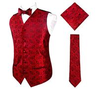Alizeal Mens Classic 4pc Paisley Jacquard Waistcoat Suit Vest Set, Wine Red-XL