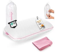alkamto Oreiller de Voyage Oreiller de Camping - Mousse à mémoire de Forme avec Housse en Coton supplémentaire - Sac Inclus (40x25x10 cm Rose)