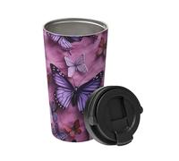 All butterflies are on purple background Gobelet isotherme de 473 ml en acier inoxydable à double paroi sous vide avec couvercle à rabat et poignée, tasse de voyage étanche pour boissons chaudes et