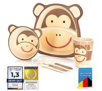 all Kids United® Set de vaisselle pour enfants en plastique Set de vaisselle 5 pièces avec des motifs d'animaux ; gobelet, bol, assiette, cuillère & fourchette pour enfants (Singe)