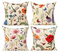 All Smiles Printemps Été Fleurs Housses de Coussin Jardin Taie d'Oreiller d'Extérieur Lot de 4 16 x 16 pour Décoration de Patio Canapé Sofa Chaise