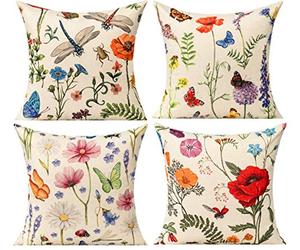 All Smiles Printemps Été Fleurs Housses de Coussin Jardin Taie d'Oreiller d'Extérieur Lot de 4 16 x 16 pour Décoration de Patio Canapé Sofa Chaise