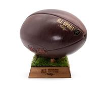 ALL SPORT VINTAGE - Ballon De Rugby Et Socle Gazon - Chocolat - Cuir De Vachette - Cousu Main - Marque Française
