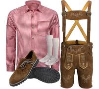 ALL THE GOOD B6 Costume traditionnel bavarois avec pantalon en cuir (pantalon + chemise + chaussures + chaussettes), Pantalon : Marron & Chemise : Rouge, pantalons 52 + chemise M