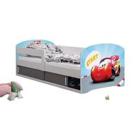 All4All Lit Enfant Leo - 160 x 80 cm - Junior - Chambre Enfant - avec Rangement - Cars - Hello Kids - Lit en Bois - Sommier à Lattes - 20 (Cars avec Cadre Blanc, avec Matelas)