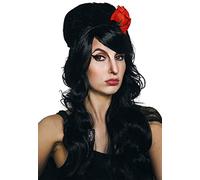 ALLAURA Amy Perruque de ruche noire avec fleur rouge - Compatible avec Amy Winehouse - Perruque bou bouffante et vampire des années 90 pour femmes et filles