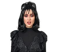 ALLAURA Lydia Beetle Perruque de mariée courte ondulée noire avec frange | Perruque de mariée gothique bouclée pour Halloween, cosplay, fête - Compatible avec la perruque Lydia