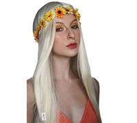 ALLAURA Perruque avec bandeau à fleurs - Perruque hippie pour femme, costume des années 70 + bandeau à fleurs amovible, perruque longue blonde
