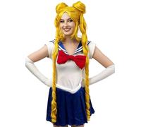 ALLAURA SailorMoon Perruque de Tsukino Usagi pour femme et fille, perruque longue et ondulée pour Halloween, blond jaune avec 2 queues de cheval