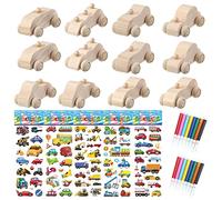 Allazone 12 PCS Voitures en Bois Inachevées, Voiture de Bricolage en Bois Mini Bricolage avec Autocollant, Stylo de Couleur pour Projets D'artisanat (12 PCS Voitures)