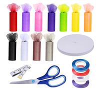 Allazone 18 Rouleaux Rubans de Tulle, 11 Couleur Ruban Tulle Rouleau en Tulle Décoration, Bande Elastique, Ciseaux à Coudre, Ruban à Mesurer pour Table Chaise Arc Jupe Couture Artisanat Décor