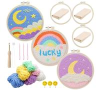 Allazone 3 PCS Kit Broderie Point Punch Needles, Kit de Démarrage de Broderie, Broderie Débutant Outil, Embroidery Starter Adultes Débutant (Arc-en-ciel et Lune)